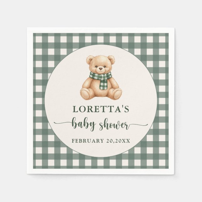 Cute Teddy Bear Rustic Green Plaid Baby Shower  Serviette (Vorderseite)