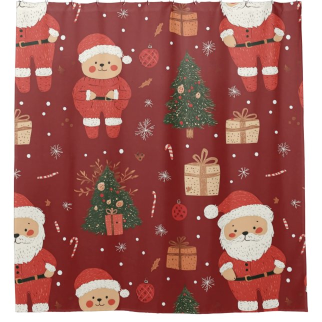 Cute Teddy Bear & Santa on Red (2) Duschvorhang (Vorderseite)