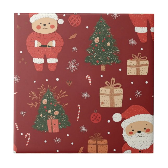 Cute Teddy Bear & Santa on Red (2) Fliese (Vorderseite)