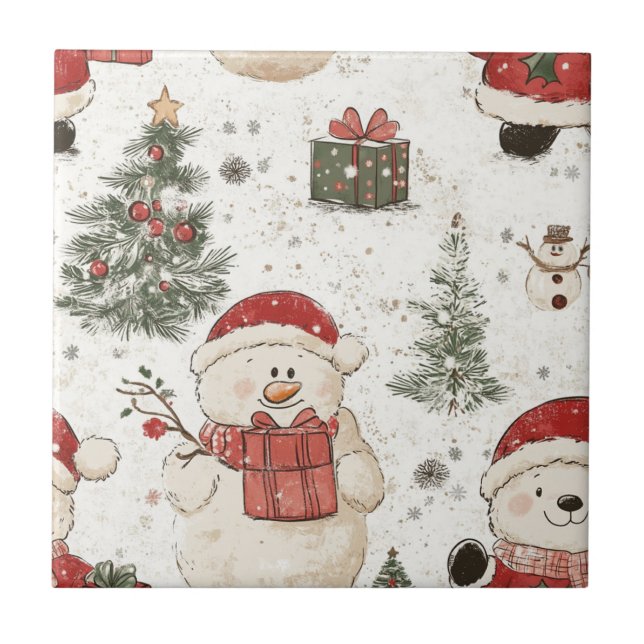 Cute Teddy Bear & Santa on White (2) Fliese (Vorderseite)