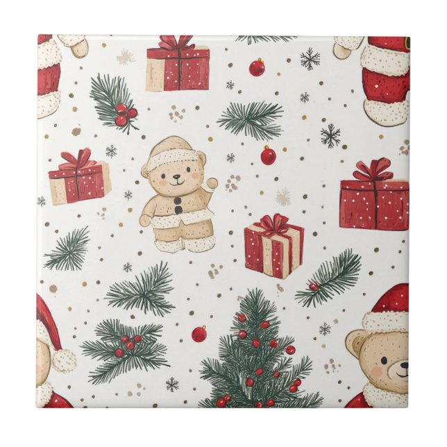 Cute Teddy Bear & Santa on White (3) Fliese (Vorderseite)