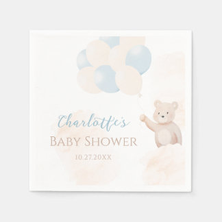 Cute Teddy Bear with Balloons Boy Baby Shower Serviette