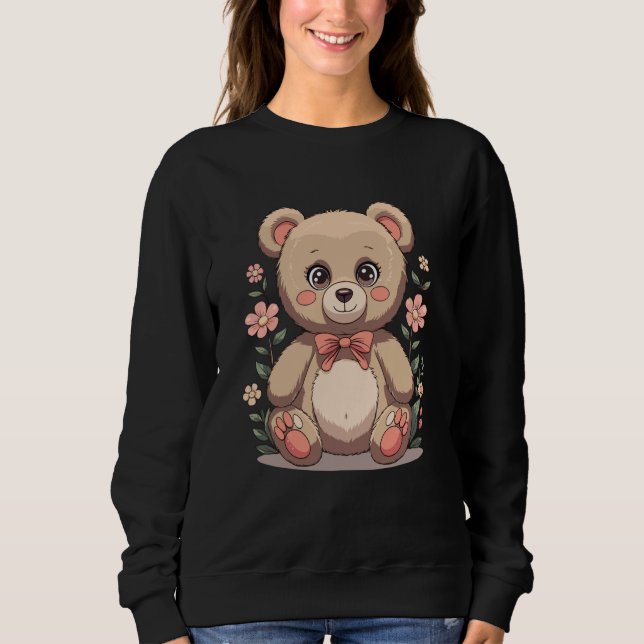 Cute Teddy Bear with Bow Tie and Pastel Flowers Sweatshirt (Vorderseite)