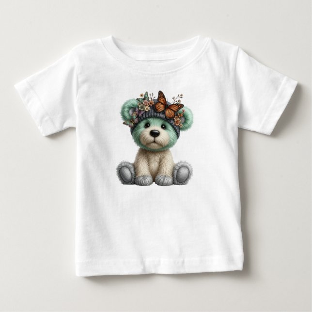 Cute Teddy Bear with Butterflies Floral Plush Baby T-shirt (Vorderseite)