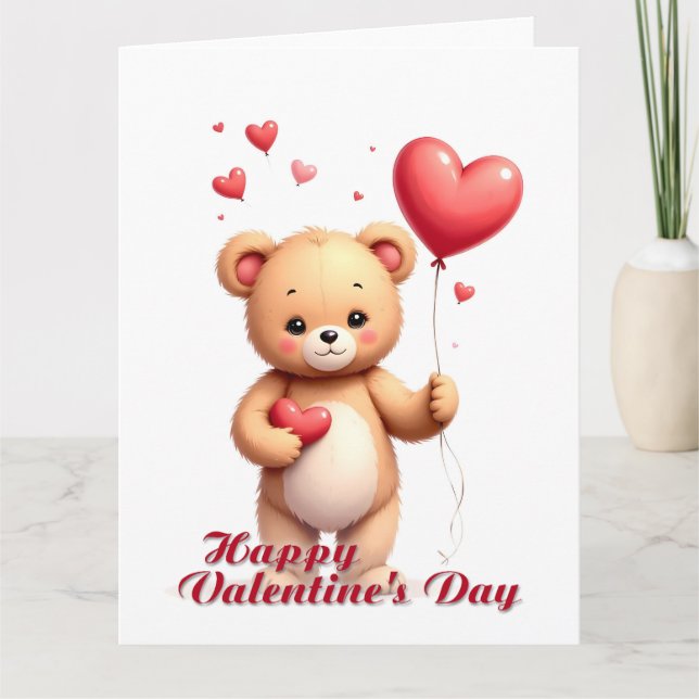 Cute Teddy Bear with Heart – Happy Valentine’s Day Karte (Vorderseite)