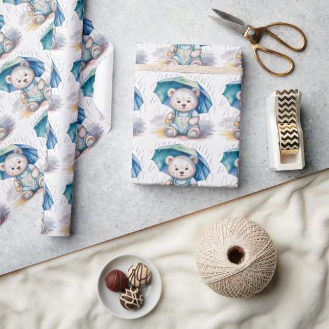 Cute Teddy Bear With Umbrella Boy Baby Shower Geschenkpapier (Kunsthandwerk)