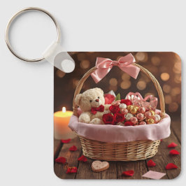 Cute Teddy Rose Basket Romantic Valentine Heart Schlüsselanhänger