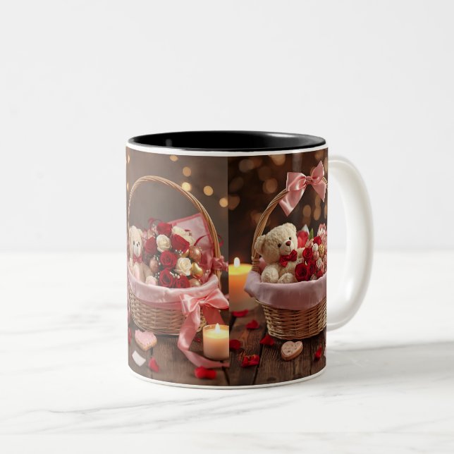 Cute Teddy Rose Basket Valentine Heart Handle Mug Zweifarbige Tasse (VorderseiteRechts)