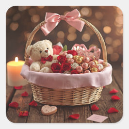 Cute Teddy Rose Basket Valentine Heart Quadratischer Aufkleber