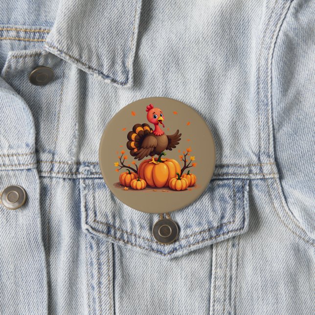 Cute Thanksgiving Turkey Autumn Pumpkins Scene Button (Beispiel)