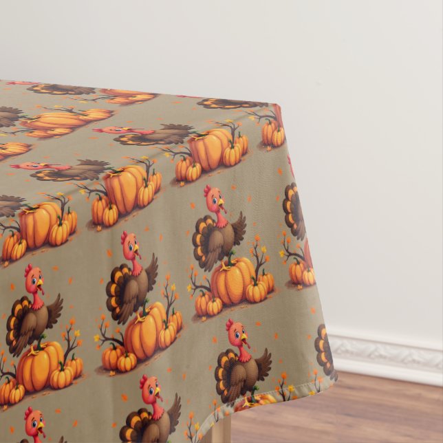 Cute Thanksgiving Turkey Autumn Pumpkins Scene Tischdecke (Beispiel)