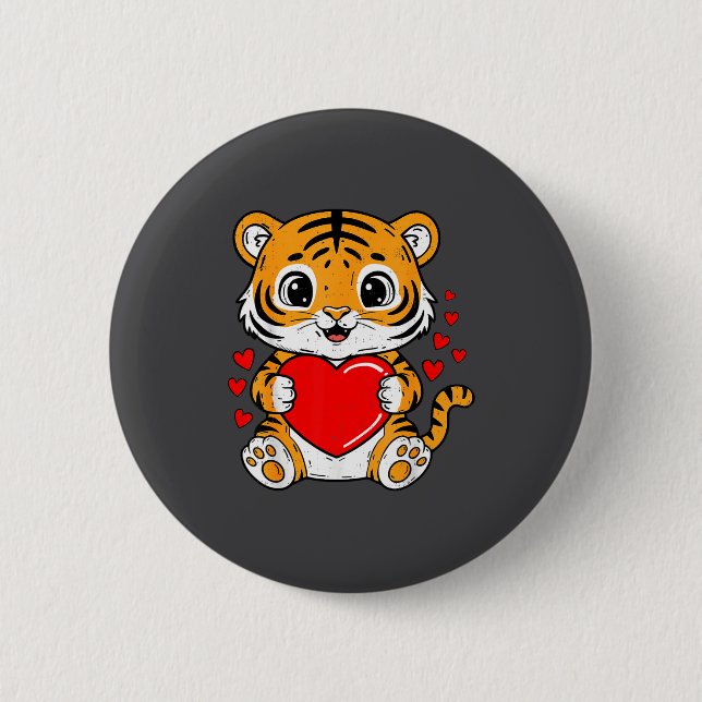 Cute Tiger Holding Heart Kawaii Valentines Day Men Button (Vorderseite)