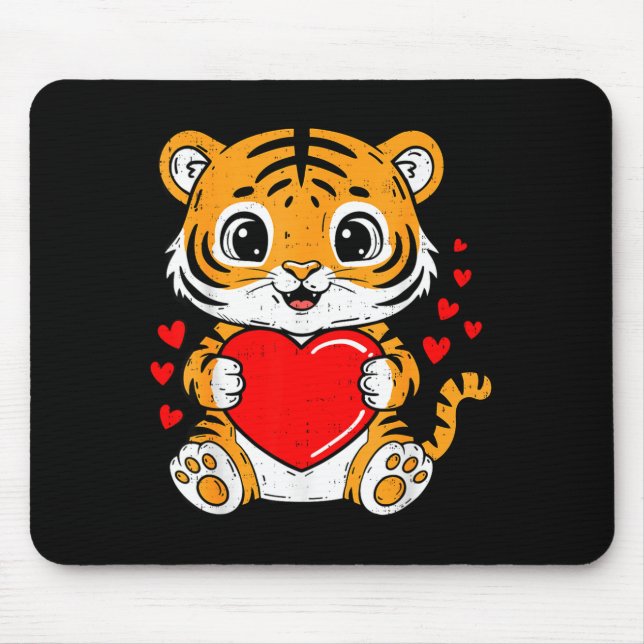 Cute Tiger Holding Heart Kawaii Valentines Day Men Mousepad (Vorne)