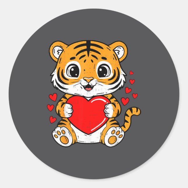 Cute Tiger Holding Heart Kawaii Valentines Day Men Runder Aufkleber (Vorderseite)