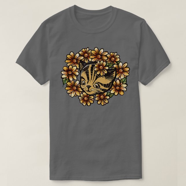 Cute Tiger Stripe Tabby Cat Art Daisies  T-Shirt (Design vorne)