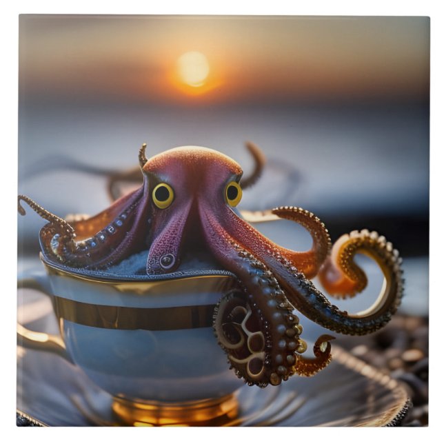  Cute tiny octopus in a teacup at sunrise Fliese (Vorderseite)