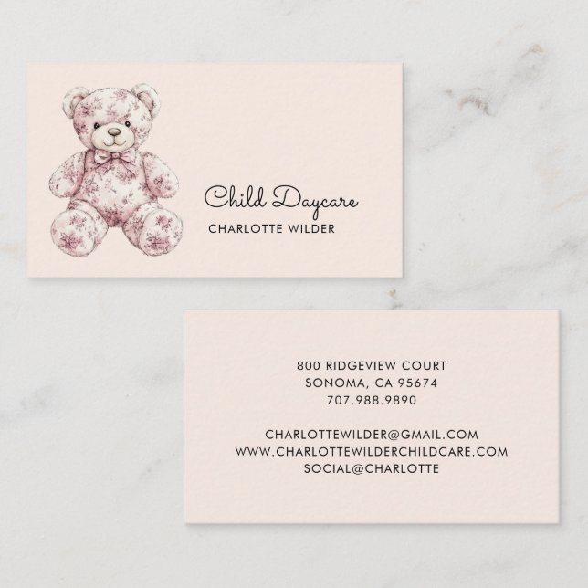 Cute Toile Teddy Bear Daycare Visitenkarte (Vorne/Hinten)