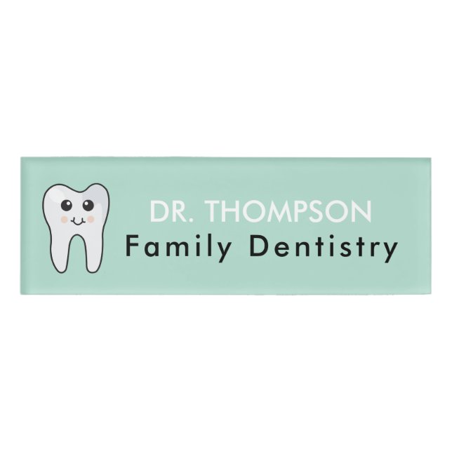Cute Tooth Teal Mint Dentist Doctor Namenschild (Vorderseite)