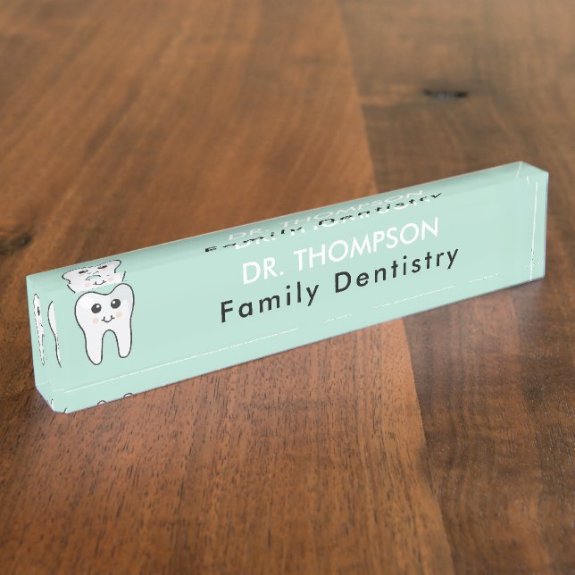 Cute Tooth Teal Mint Dentist Doctor Namensplakette (Seite)
