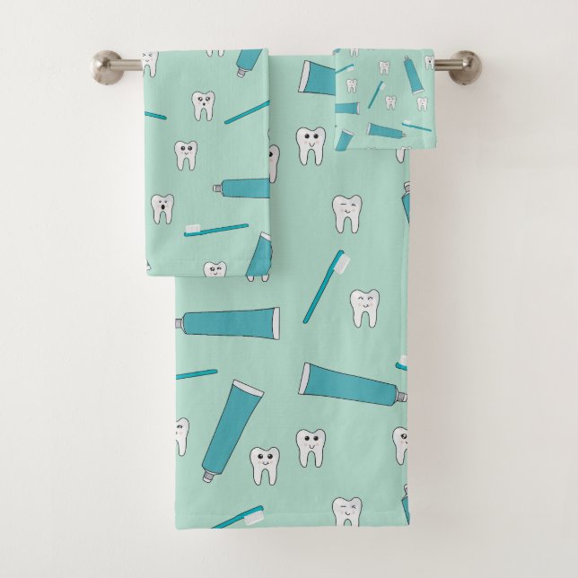 Cute Tooth Teal Mint Toothpaste Toothbrush Pattern Badhandtuch Set (Insitu)