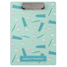 Cute Tooth Teal Mint Toothpaste Toothbrush Pattern Klemmbrett