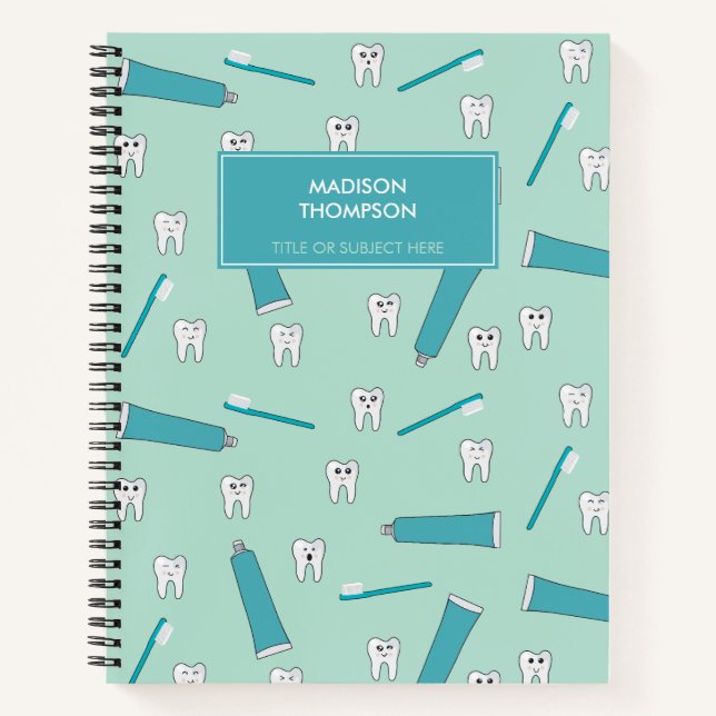 Cute Tooth Teal Mint Toothpaste Toothbrush Pattern Notizbuch (Vorderseite)