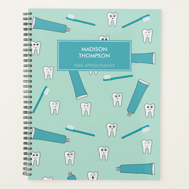 Cute Tooth Teal Mint Toothpaste Toothbrush Pattern Planer (Vorderseite)