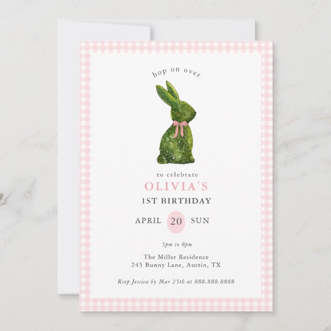 Cute Topiary Bunny Pink Gingham Girl Birthday  Einladung (Vorderseite)