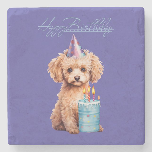 Cute Toy Poodle Birthday Cake Party Hat Watercolor Steinuntersetzer (Vorderseite)