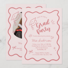 Cute Trendy Pink Wavy Border Graduation Invitation Ankündigung