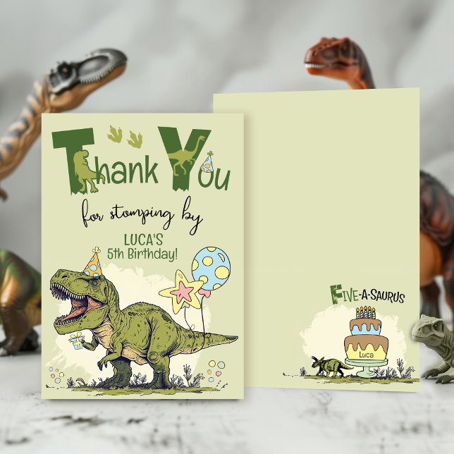 Cute TRex Dinosaur Five-Rex Boy 5th Birthday Party Dankeskarte (Funny custom name Five-a-saurus Dinosaur Jurassic green 5th birthday party thank you for stomping by)