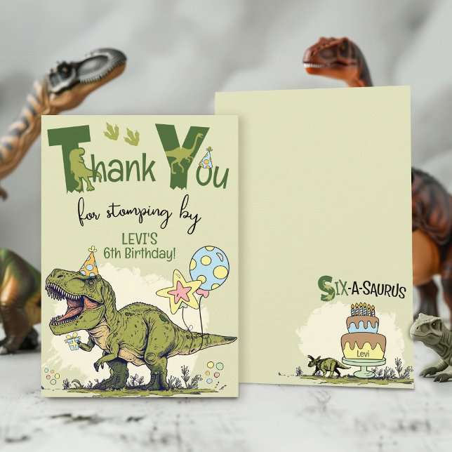 Cute TRex Dinosaur Six-A-Saurus 6th Birthday Party Dankeskarte (Cute 6-Rex T-Rex Dinosaur Six-A-Saurus sixth Jurassic Dino 6th boy birthday party thank you stomping)