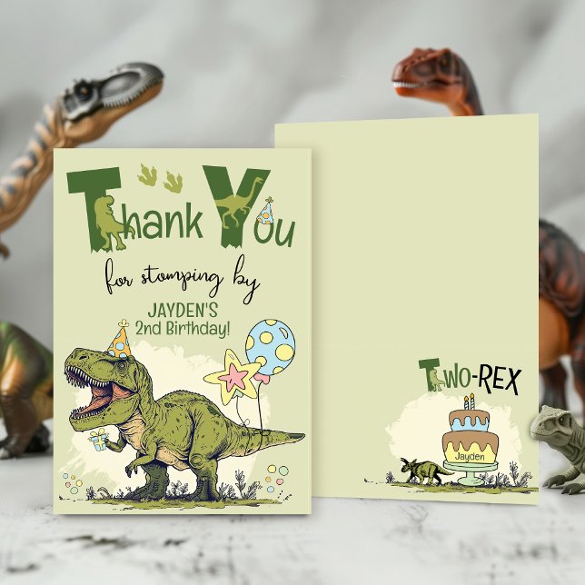 Cute TRex Dinosaur Two-Rex Boy 2nd Birthday Party Dankeskarte (Cute Two-Rex T-Rex Dinosaur second Jurassic Dino 2nd boy birthday party thank you stomping by invite)
