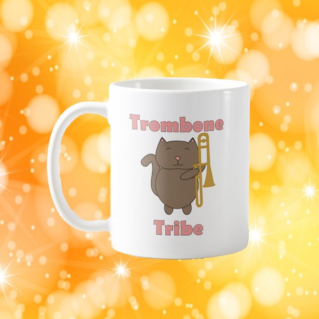 Cute Trombone Cat Illustration Trombone Tribe  Kaffeetasse (A mug with a brown cat and a trombone along with the words trombone tribe)