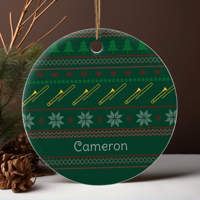 Cute Trombone Christmas Sweater Pattern Custom Keramik Ornament (Von Creator hochgeladen)