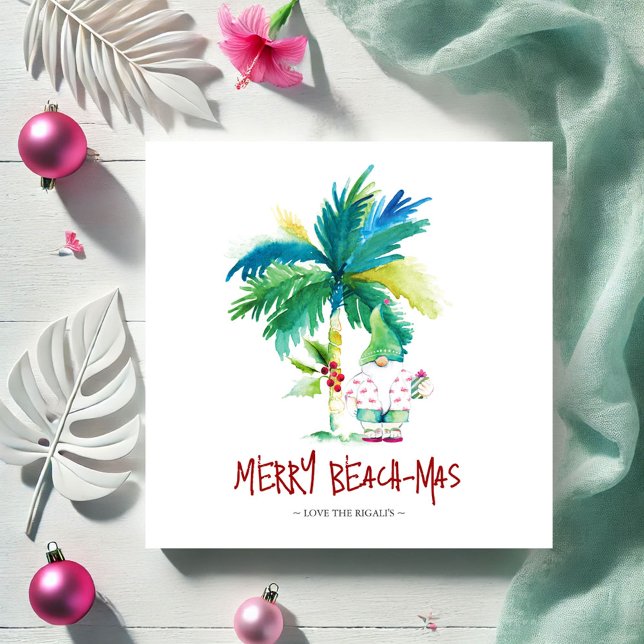Cute Tropical Christmas Cards Mitteilungskarte (Beach-mas invitations watercolor palm tree and Christmas gnome by Victoria Grigaliunas DoTellABelle)