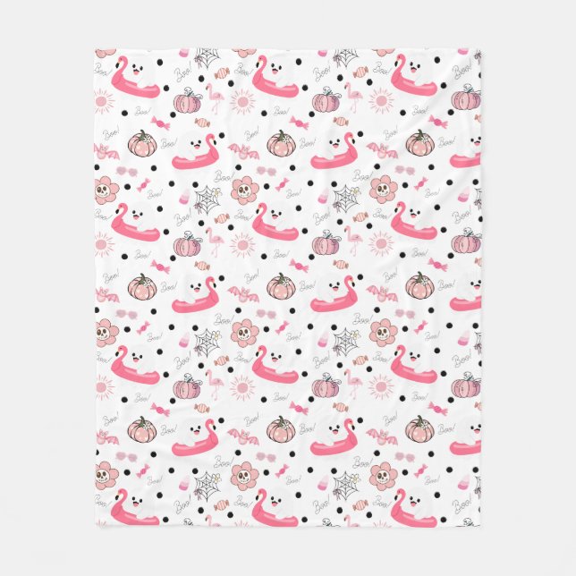 Cute Tropical Halloween – Ghosts & Flamingo Fleecedecke (Vorderseite)