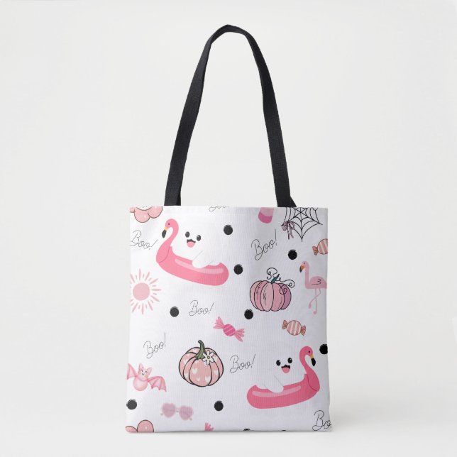 Cute Tropical Halloween Tote – Ghosts & Flamingos (Vorderseite)