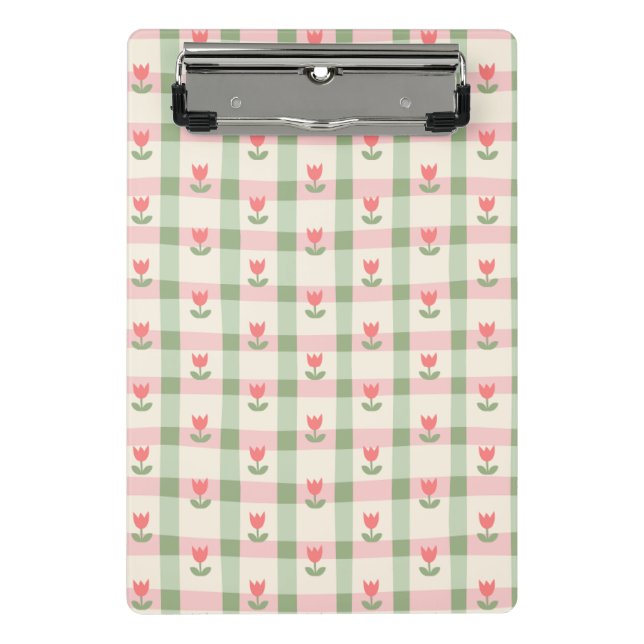 Cute Tulip Checkered Pattern | Pastel Floral  Mini Klemmbrett (Vorderseite)