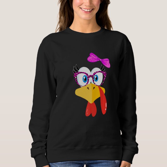 Cute Turkey Face Girl Pink Bow   Thanksgiving Kids Sweatshirt (Vorderseite)