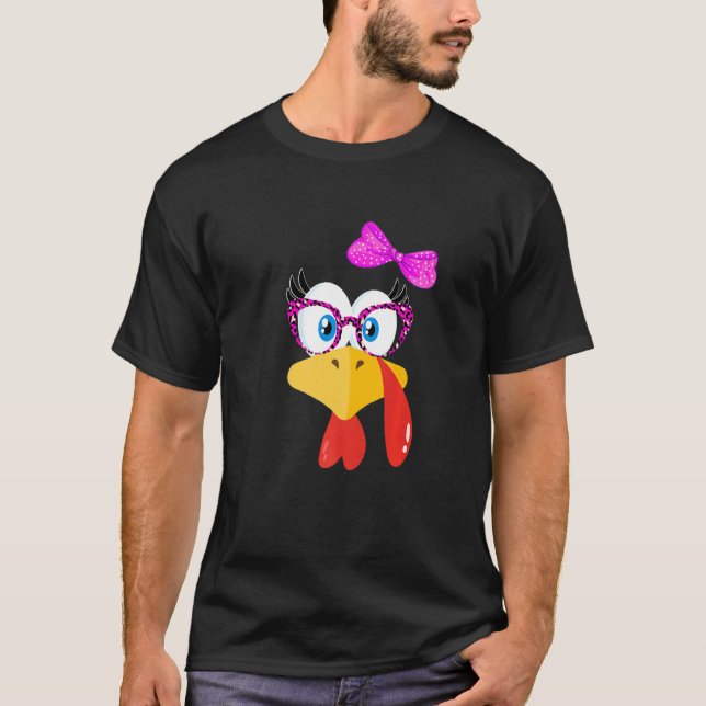 Cute Turkey Face Girl Pink Bow   Thanksgiving Kids T-Shirt (Vorderseite)