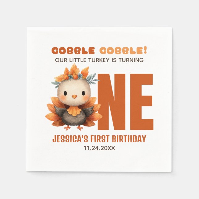 Cute Turkey Gobble Thanksgiving 1st Birthday Serviette (Vorderseite)