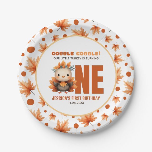 Cute Turkey Gobble Thanksgiving Fall 1st Birthday Pappteller (Vorderseite)
