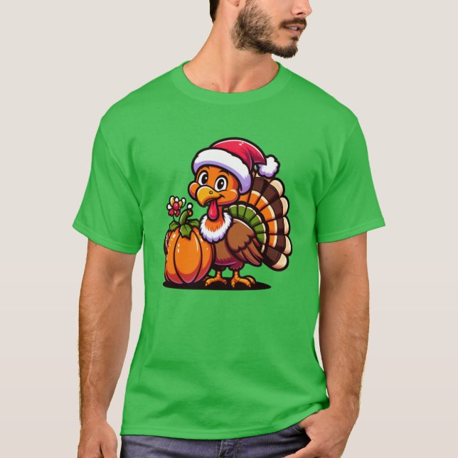 Cute Turkey Posing with Pumpkin Autumn Harvest Ani T-Shirt (Vorderseite)