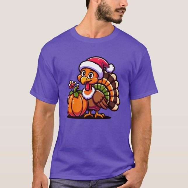 Cute Turkey Posing with Pumpkin Autumn Harvest Ani T-Shirt (Vorderseite)
