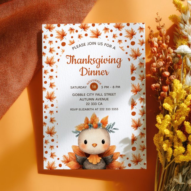 Cute Turkey with Fall Foliage Thanksgiving Dinner  Einladung (Von Creator hochgeladen)