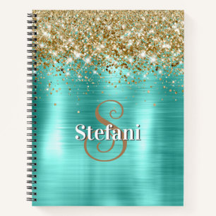 Cute Turquoise Gold Faux Glitter Monogram Notizbuch