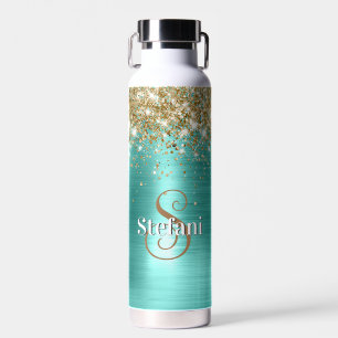 Cute Turquoise Gold Faux Glitter Monogram Trinkflasche