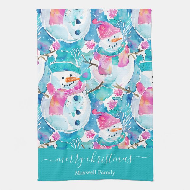 Cute turquoise snowmen script christmas geschirrtuch (Vertikal)