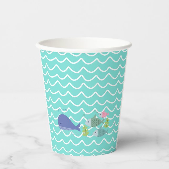 Cute Turquoise Whale & Fishy Paper Cups Pappbecher (Vorderseite)